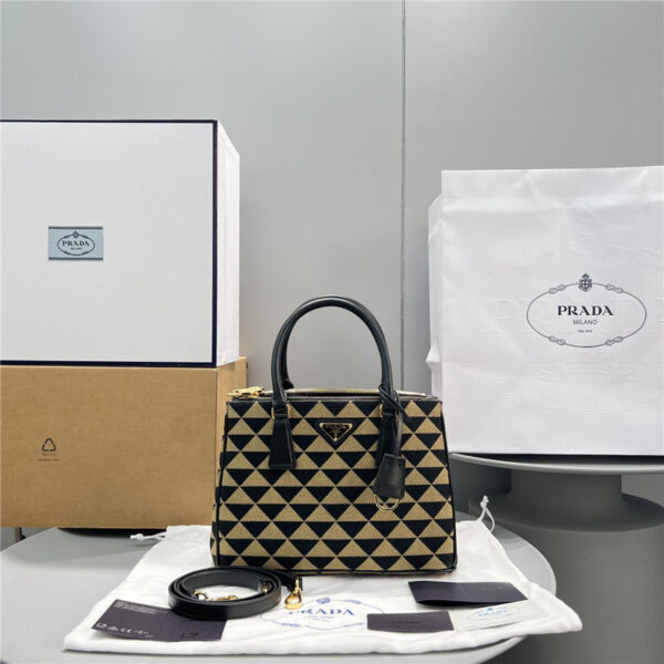 prada galeria embroidered triangle check tote bag