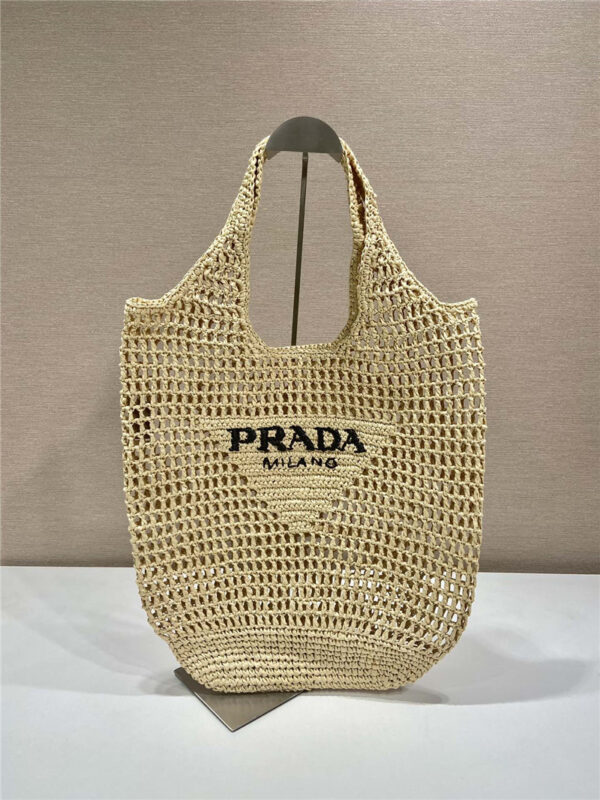 prada beige raffia beach tote bag